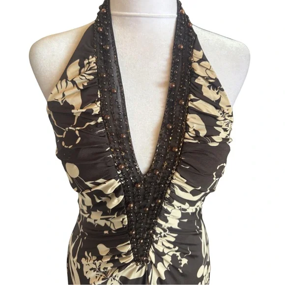 JS Boutique Elegant Cream & Brown Floral Halter Beaded Neckline Mermaid Dress 8 - Picture 4 of 6